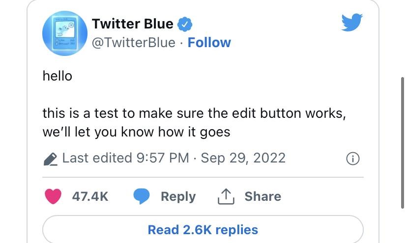 A Tweet featuring the new Twitter edit button